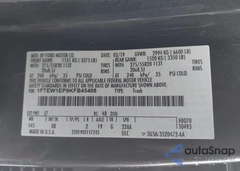 2019 Ford F-150 Xlt z USA, uszkodzony, nr VIN 1FTEW1EP9KFB45408